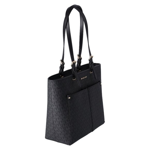 Michael Kors Jet Set Travel Medium Double Pocket Tote Vegan Leather Black MK - Picture 6 of 8